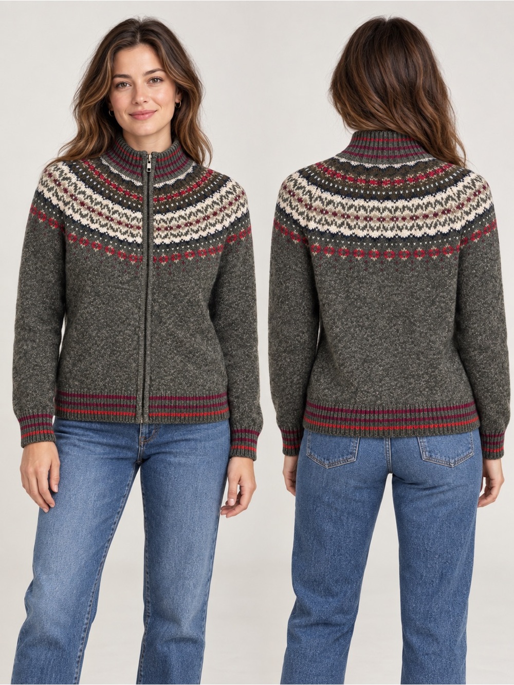 Heirloom Collectibles Fair Isle Nordic Full Zip Cardigan Sweater Large